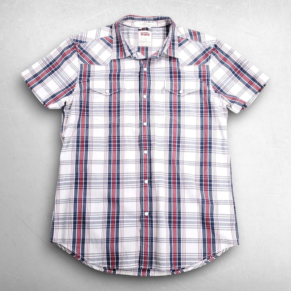 Levis‎ Modern Fit Short Sleeve Pearl Snap Shirt Men L White Plaid Western Cowboy